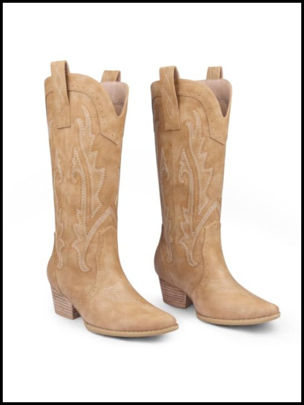 Faux Leather Mid-Calf Cowboy Boots Pointed Toe Stacked Heel Pull-On